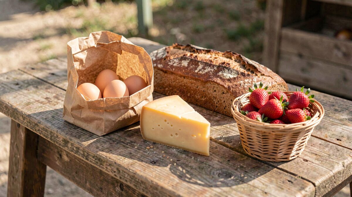 Farm breakfast ingredients on a weathered wooden table outdoors: brown eggs in an open paper bag, a wedge of pale cheese, a dark crusty loaf of bread, and strawberries in a woven basket, in warm daylight.