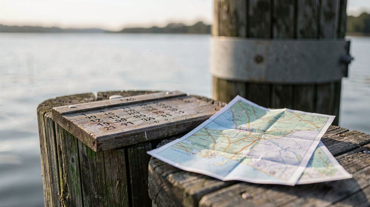 A folded road map resting on weathered wooden dock pilings beside a calm stretch of coastal water, a rope-bound post standing in soft background light, late afternoon.